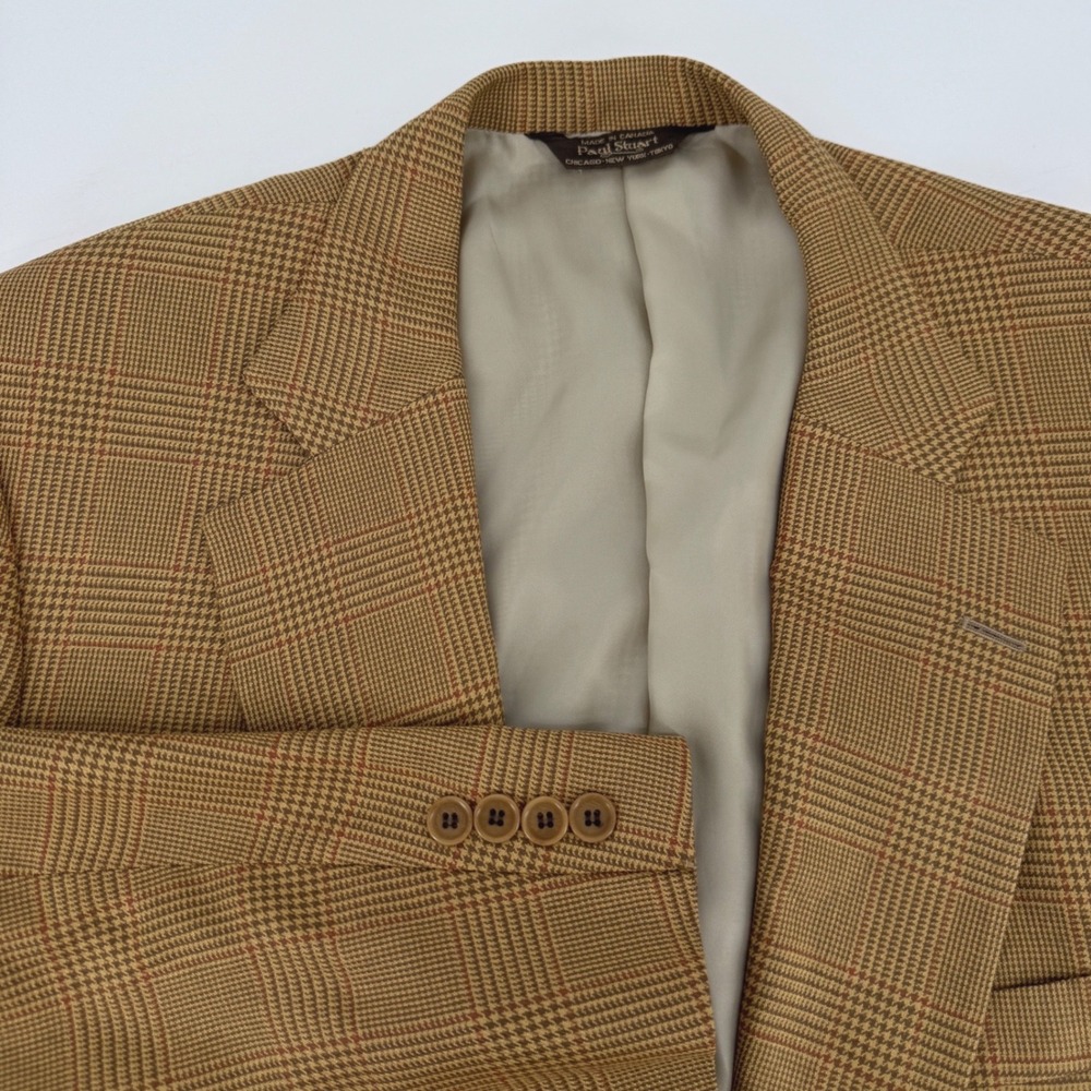 Paul Stuart Mens Glen Plaid 44L Silk Blazer Sport Coat Brown Tan Canada READ